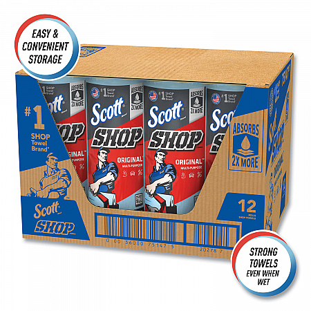 Shop Towels, Standard Roll, 1-Ply, 9.4 x 11, Blue, 55/Roll, 12 Rolls/Carton (75147)