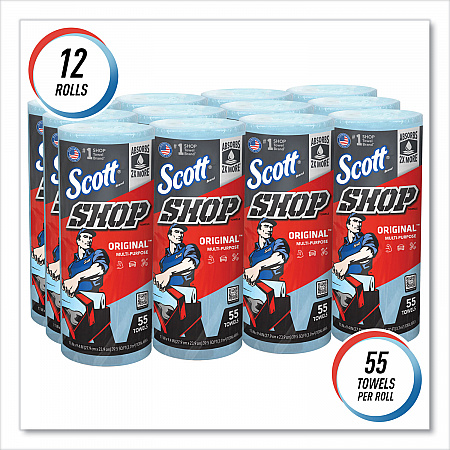 Shop Towels, Standard Roll, 1-Ply, 9.4 x 11, Blue, 55/Roll, 12 Rolls/Carton (75147)