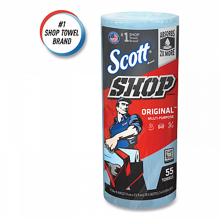 Shop Towels, Standard Roll, 1-Ply, 9.4 x 11, Blue, 55/Roll, 12 Rolls/Carton (75147)