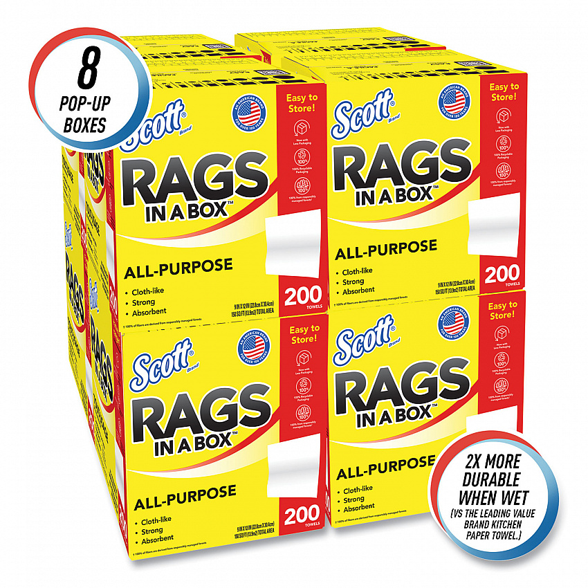 Rags in a Box, POP-UP Box, 12 x 9, White, 200/Box, 8 Boxes/Carton (75260CT)