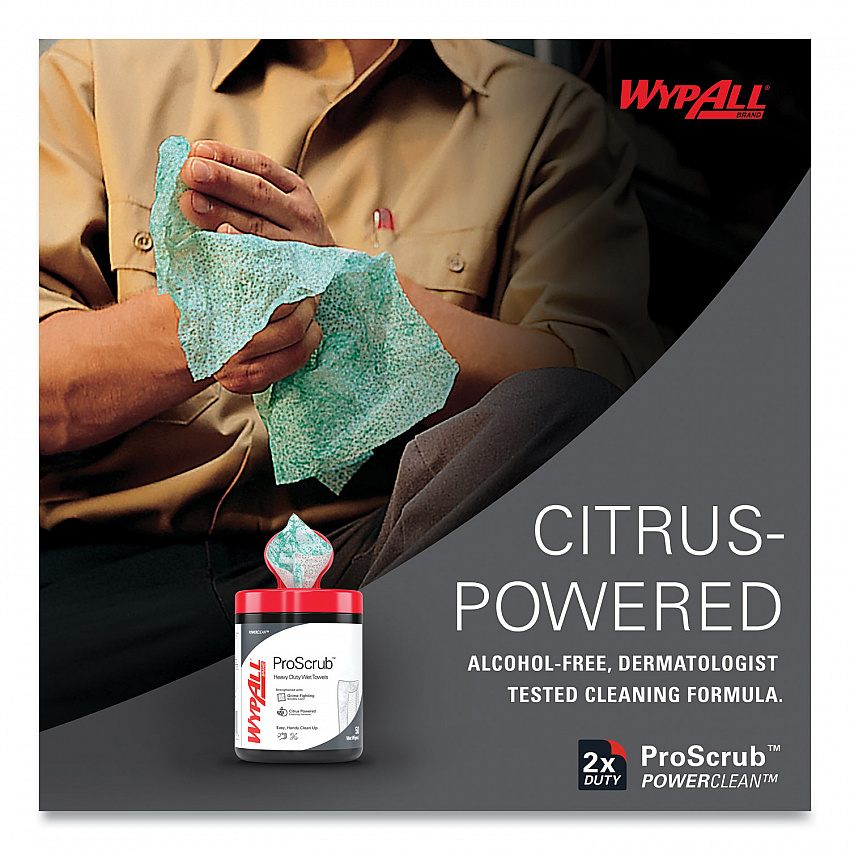 Power Clean ProScrub Pre-Saturated Wipes, 9.5 x 12, Citrus Scent, Green, 75/Bucket, 6 Buckets/Carton (91371CT)