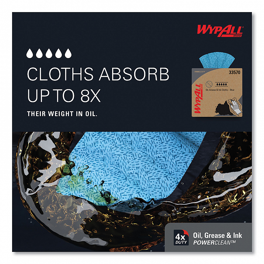 Power Clean Oil, Grease and Ink Cloths, POP-UP Box, 8.8 x 16.8, Blue, 100/Box, 5/Carton (33570)