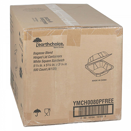 EarthChoice PFAS Free Compostable Hinged Lid Container, 6 x 6 x 3, Natural, Sugarcane, 500/Carton (YMCH0080PFFR)