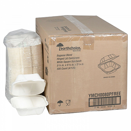 EarthChoice PFAS Free Compostable Hinged Lid Container, 6 x 6 x 3, Natural, Sugarcane, 500/Carton (YMCH0080PFFR)