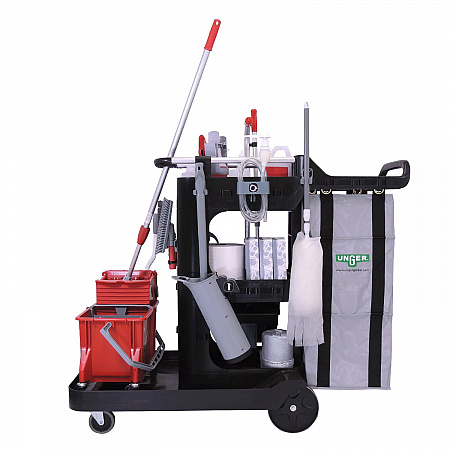 RestroomRx Janitorial Carts with 16 Qt Bucket, Plastic, 2 Shelves, 23.5 x 19 x 25, Black (RRSPC)