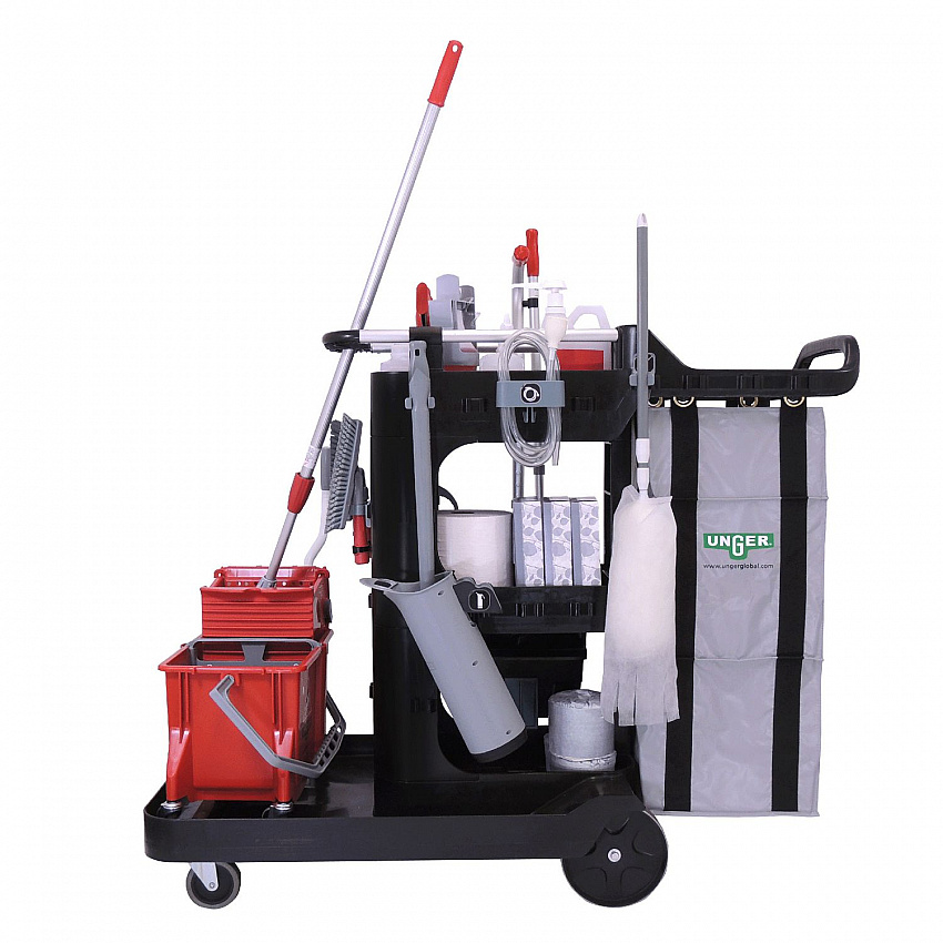RestroomRx Janitorial Carts with 16 Qt Bucket, Plastic, 2 Shelves, 23.5 x 19 x 25, Black (RRSPC)