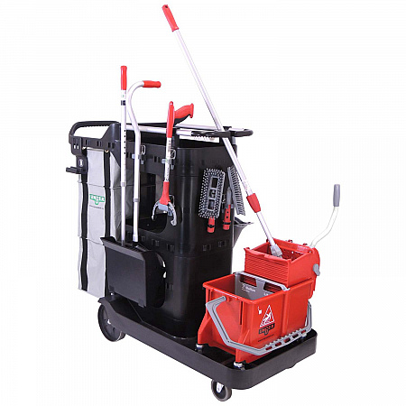 RestroomRx Janitorial Carts with 16 Qt Bucket, Plastic, 2 Shelves, 23.5 x 19 x 25, Black (RRSPC)