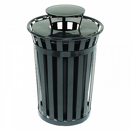 Outdoor Slatted Steel Trash Can, Rain Bonnet Lid, 36 gal, Black (260804BK)
