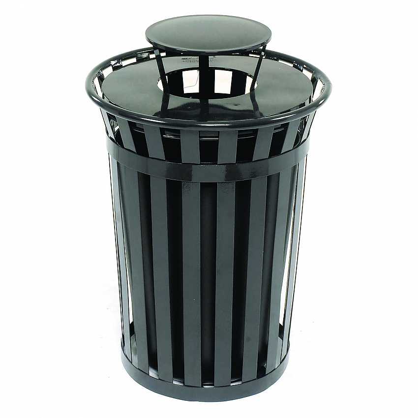 Outdoor Slatted Steel Trash Can, Rain Bonnet Lid, 36 gal, Black (260804BK)