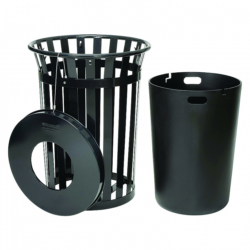 Outdoor Slatted Steel Trash Can, 36 gal, Black (237726BK)