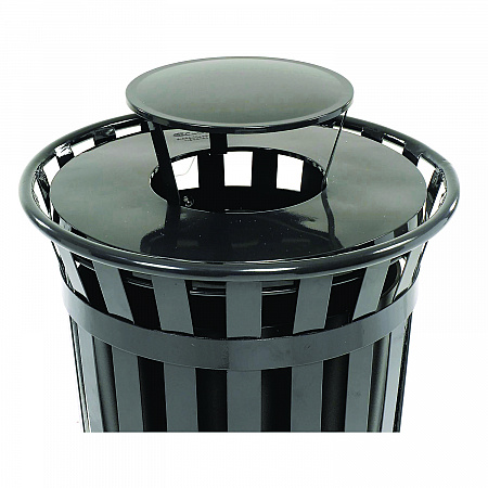 Outdoor Slatted Steel Trash Can, Rain Bonnet Lid, 36 gal, Black (260804BK)