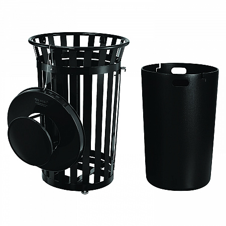 Outdoor Slatted Steel Trash Can, With Access Door and Rain Bonnet Lid, 36 gal, Black (261941BK)
