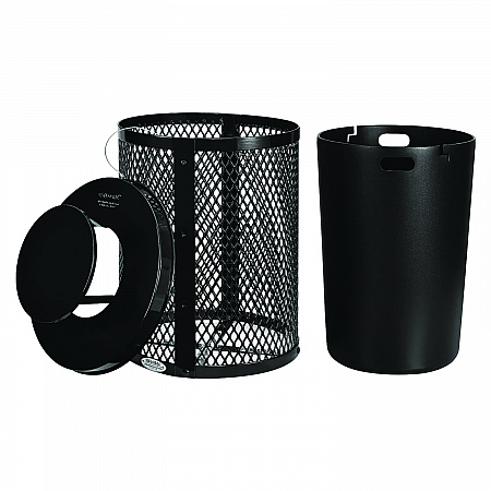 Outdoor Diamond Steel Trash Can, Rain Bonnet Lid, 36 gal, Black (261926BK)