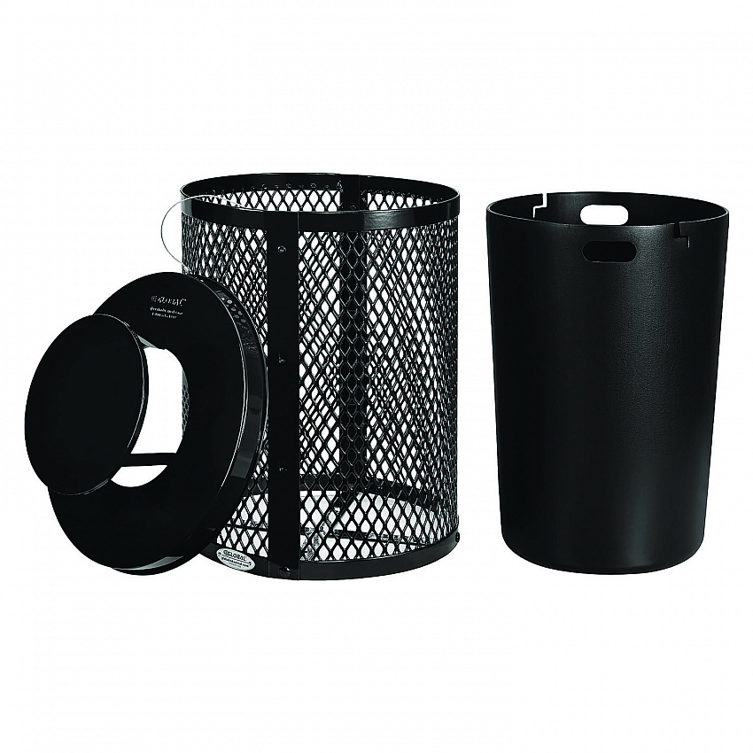 Outdoor Diamond Steel Trash Can, Rain Bonnet Lid, 36 gal, Black (261926BK)