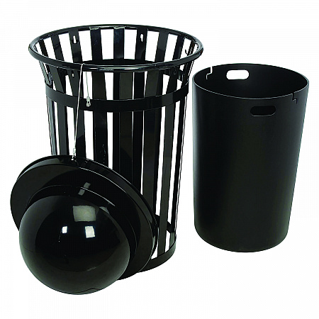 Outdoor Slatted Steel Trash Can, Dome Lid, 36 gal, Black (261944BK)