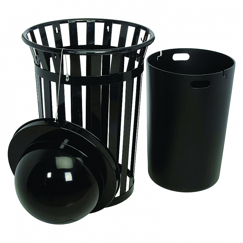 Outdoor Slatted Steel Trash Can, Dome Lid, 36 gal, Black (261944BK)