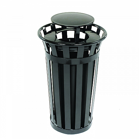 Outdoor Slatted Steel Trash Can, Rain Bonnet Lid, 24 gal, Black (260803BK)