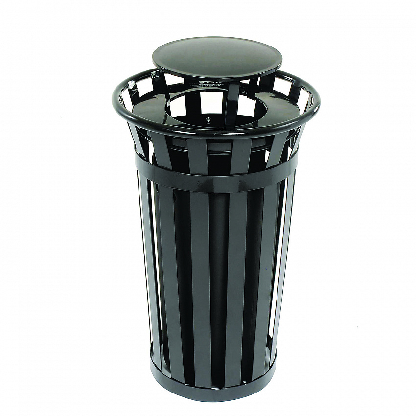 Outdoor Slatted Steel Trash Can, Rain Bonnet Lid, 24 gal, Black (260803BK)