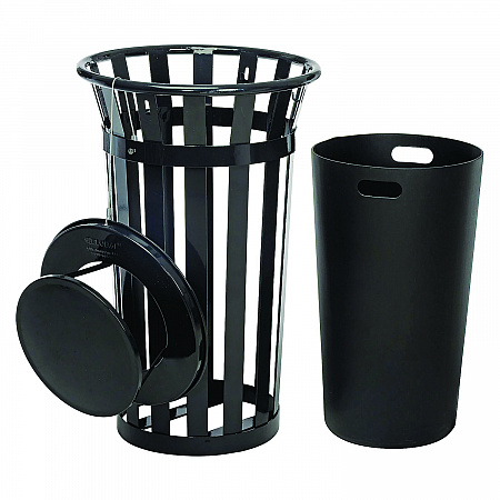 Outdoor Slatted Steel Trash Can, Rain Bonnet Lid, 24 gal, Black (260803BK)