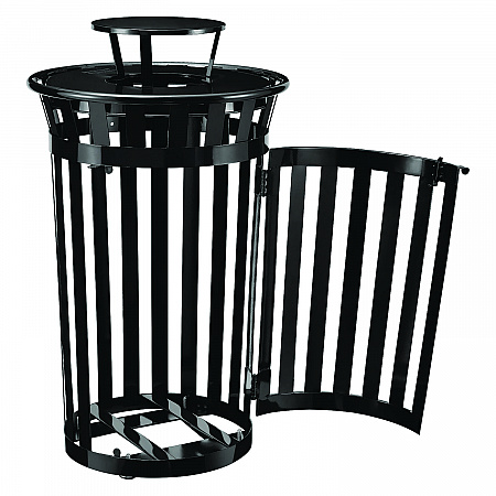 Outdoor Slatted Steel Trash Can, With Access Door and Rain Bonnet Lid, 36 gal, Black (261941BK)