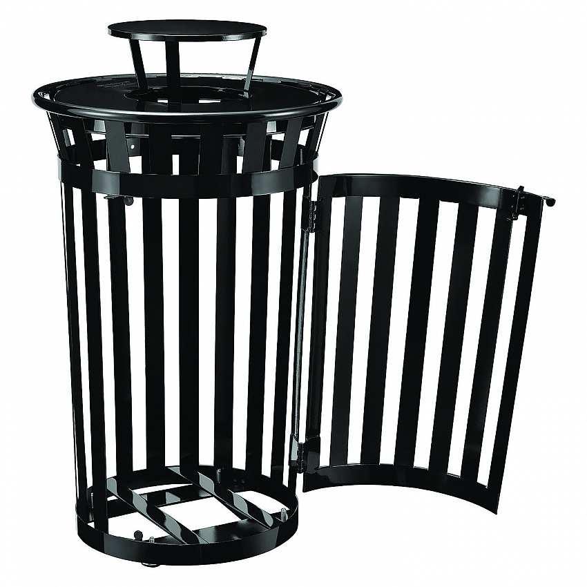 Outdoor Slatted Steel Trash Can, With Access Door and Rain Bonnet Lid, 36 gal, Black (261941BK)