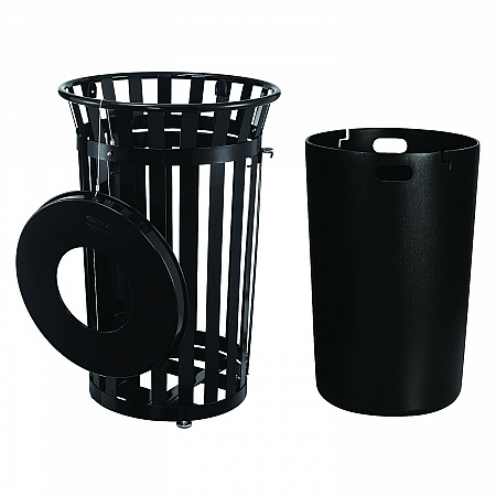 Outdoor Slatted Steel Trash Can, With Access Door, 36 gal, Steel Black (261940BK)