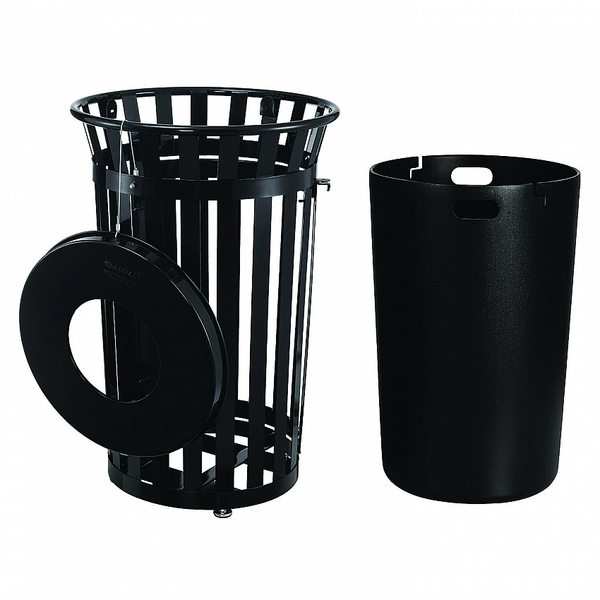 Outdoor Slatted Steel Trash Can, With Access Door, 36 gal, Steel Black (261940BK)