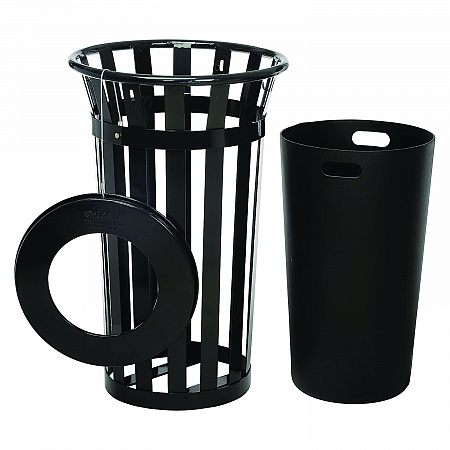 Outdoor Slatted Steel Trash Can, 24 gal, Black (237725BK)