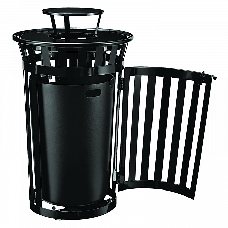 Outdoor Slatted Steel Trash Can, With Access Door and Rain Bonnet Lid, 36 gal, Black (261941BK)