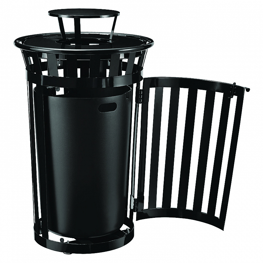 Outdoor Slatted Steel Trash Can, With Access Door and Rain Bonnet Lid, 36 gal, Black (261941BK)
