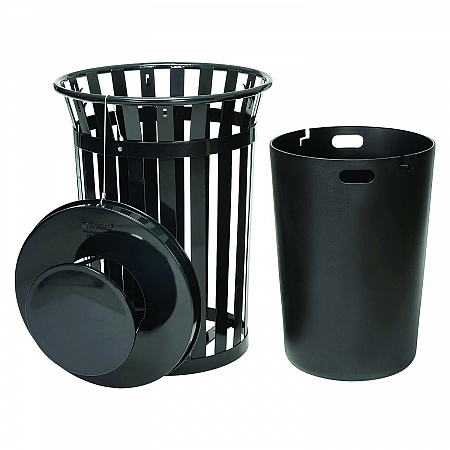 Outdoor Slatted Steel Trash Can, Rain Bonnet Lid, 36 gal, Black (260804BK)