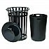 Outdoor Slatted Steel Trash Can, Rain Bonnet Lid, 36 gal, Black (260804BK)