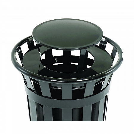 Outdoor Slatted Steel Trash Can, Rain Bonnet Lid, 24 gal, Black (260803BK)