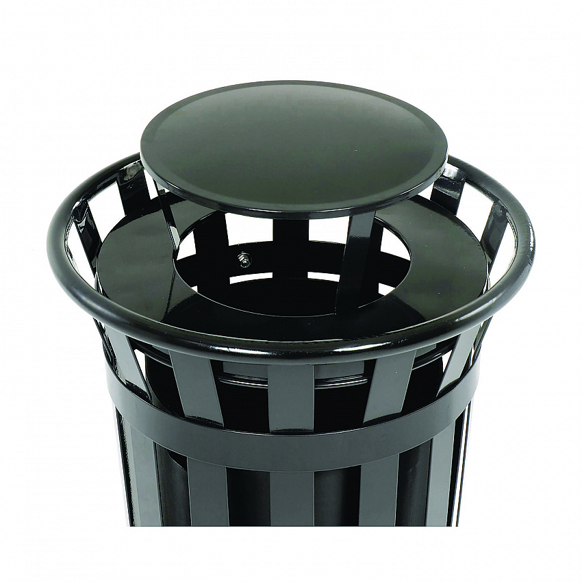 Outdoor Slatted Steel Trash Can, Rain Bonnet Lid, 24 gal, Black (260803BK)