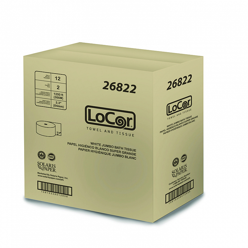 Jumbo Bath Tissue, 2-Ply, 3.3" x 1,200 ft, White, 12 Rolls/Carton (26822)