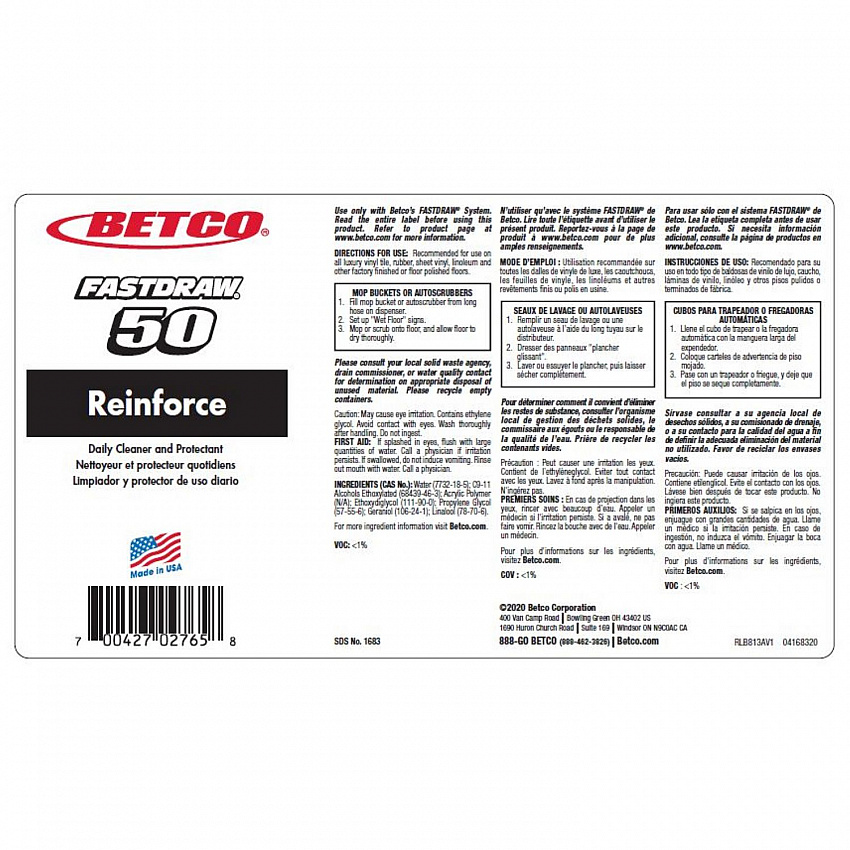 Reinforce FastDraw Floor Cleaner and Protectant, Lemon Scent, 2 L Bottle, 4/Carton (16834700)