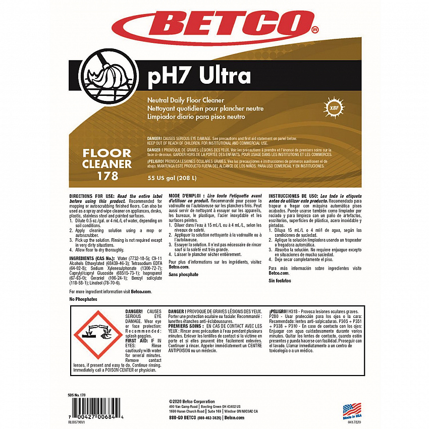 pH7 Ultra Floor Cleaner, Lemon Scent, 55 gal Drum (1785500)