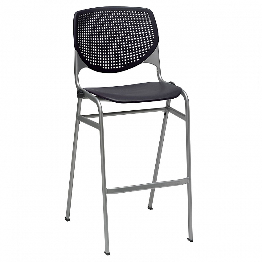Pedestal Bistro Table with Four Black Kool Series Barstools, Round, 36" Dia x 41h, Studio Teak (811774037280)