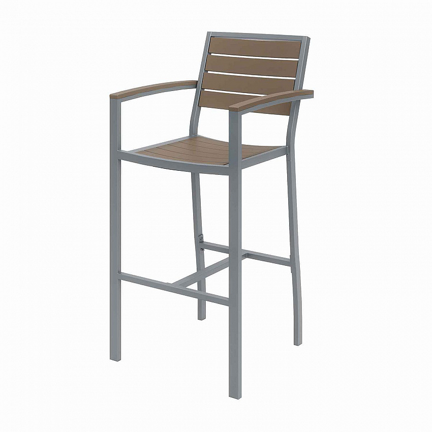 Eveleen Outdoor Bistro Patio Table, Two Mocha Powder-Coated Polymer Barstools, Round, 30" Dia x 41h, Gray (840031918468)
