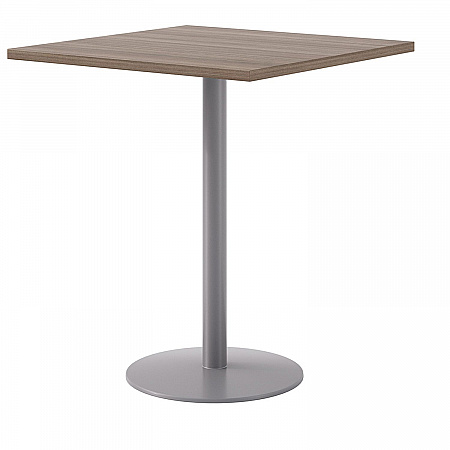 Pedestal Bistro Table with Four White Jive Series Barstools, Square, 36 x 36 x 41, Studio Teak (811774039932)