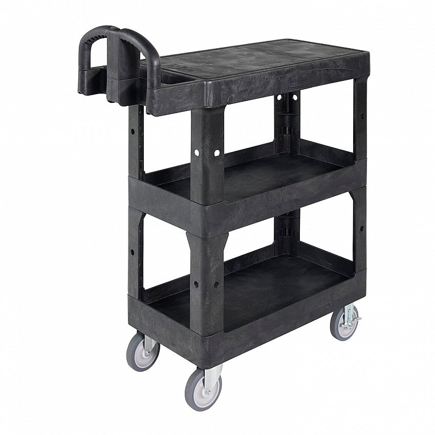 BRUTE 3-Shelf Heavy-Duty Ergo Flat Utility Cart, Plastic, 3 Shelves, 600 lb Capacity, 25.24" x 48.63" x 46.18", Black (2203280)