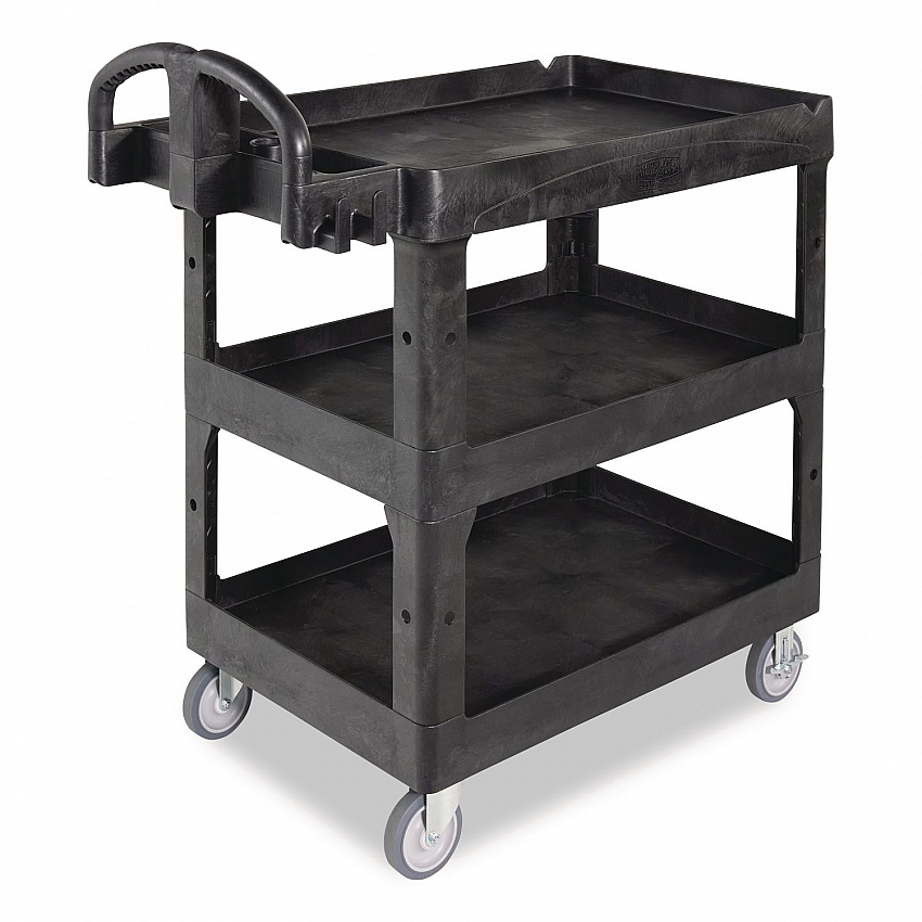 BRUTE 3-Shelf Heavy-Duty Ergo Lipped Utility Cart, Resin, 3 Shelves, 600 lb Capacity, 25.24" x 44" x 47", Black (2196862)
