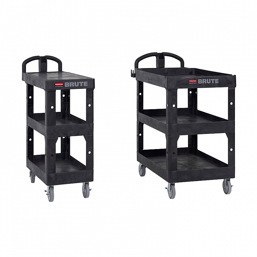 BRUTE 3-Shelf Heavy-Duty Ergo Flat Utility Cart, Plastic, 3 Shelves, 600 lb Capacity, 25.24" x 48.63" x 46.18", Black (2203280)