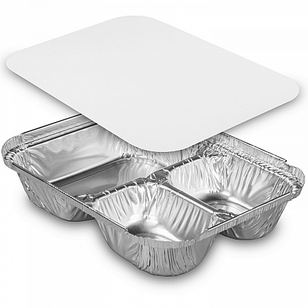Three-Compartment Oblong Food Container, 24 oz, 6.38 x 1.47 x 8, Silver, Aluminum, 500/Carton (204500)