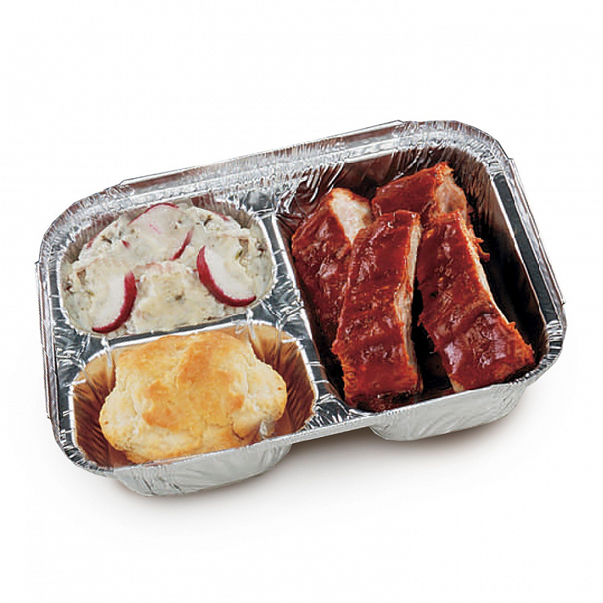 Three-Compartment Oblong Food Container, 24 oz, 6.38 x 1.47 x 8, Silver, Aluminum, 500/Carton (204500)
