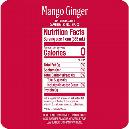 Zero Sugar Naturally Sweetened Energy Drink, Mango Ginger, 12 oz Can, 12/Carton (0195112)