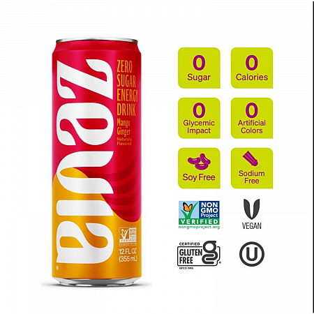 Zero Sugar Naturally Sweetened Energy Drink, Mango Ginger, 12 oz Can, 12/Carton (0195112)