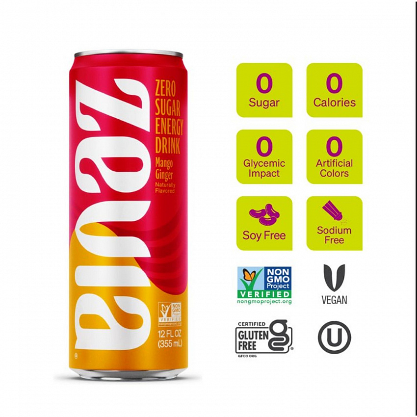 Zero Sugar Naturally Sweetened Energy Drink, Mango Ginger, 12 oz Can, 12/Carton (0195112)