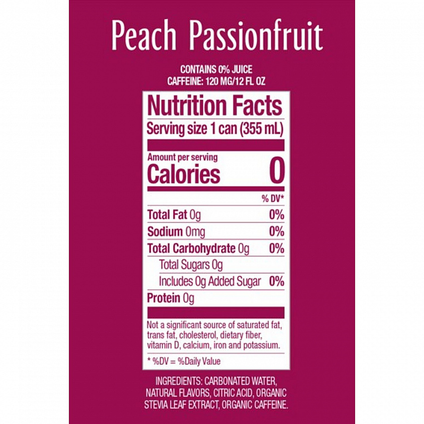 Zero Sugar Naturally Sweetened Energy Drink, Peach Passionfruit, 12 oz Cans, 12/Carton (0195712)