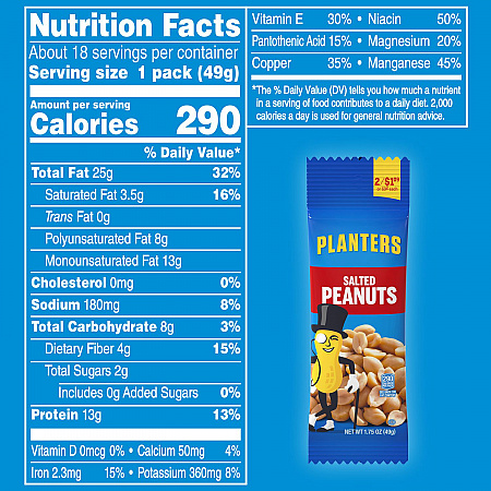 Salted Peanuts, 1.75 oz Pack, 18 Packets/Box, 2 Boxes/Carton (60004060)